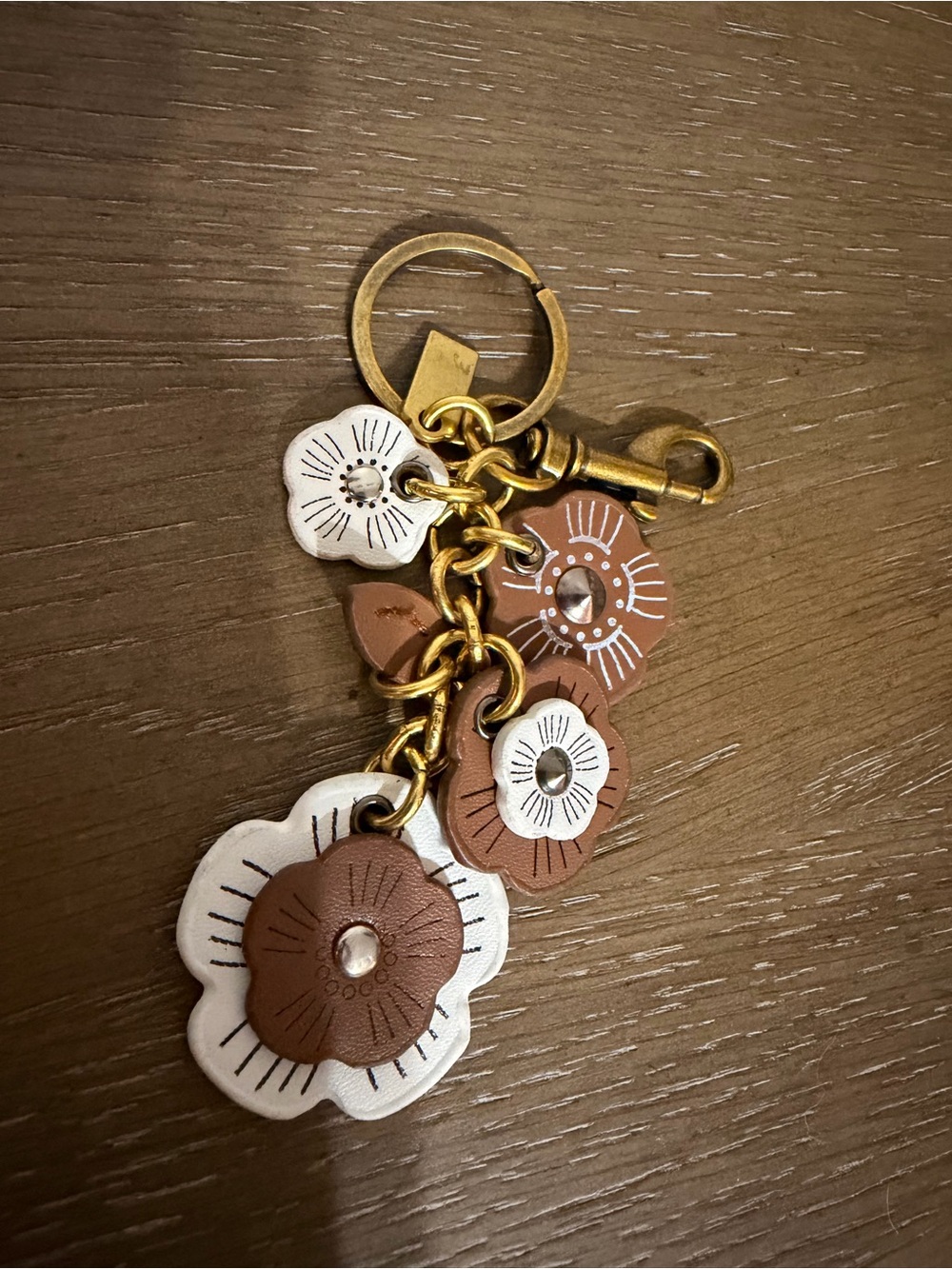 Floral Leather Charm Bag Charm/Keychain - Brown & White